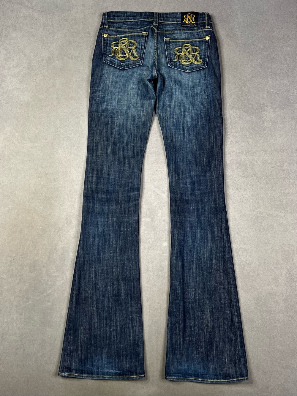 Rock & Republic Dark Blue Flare Jeans with Gold Embroidered Pockets Low Rise Y2K